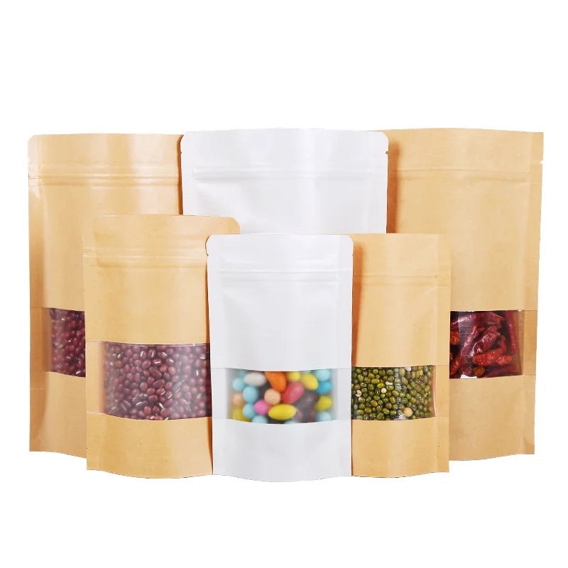 50/100pcs kraft paper zipper lock window bag brown re-sealable coffee bean pkg