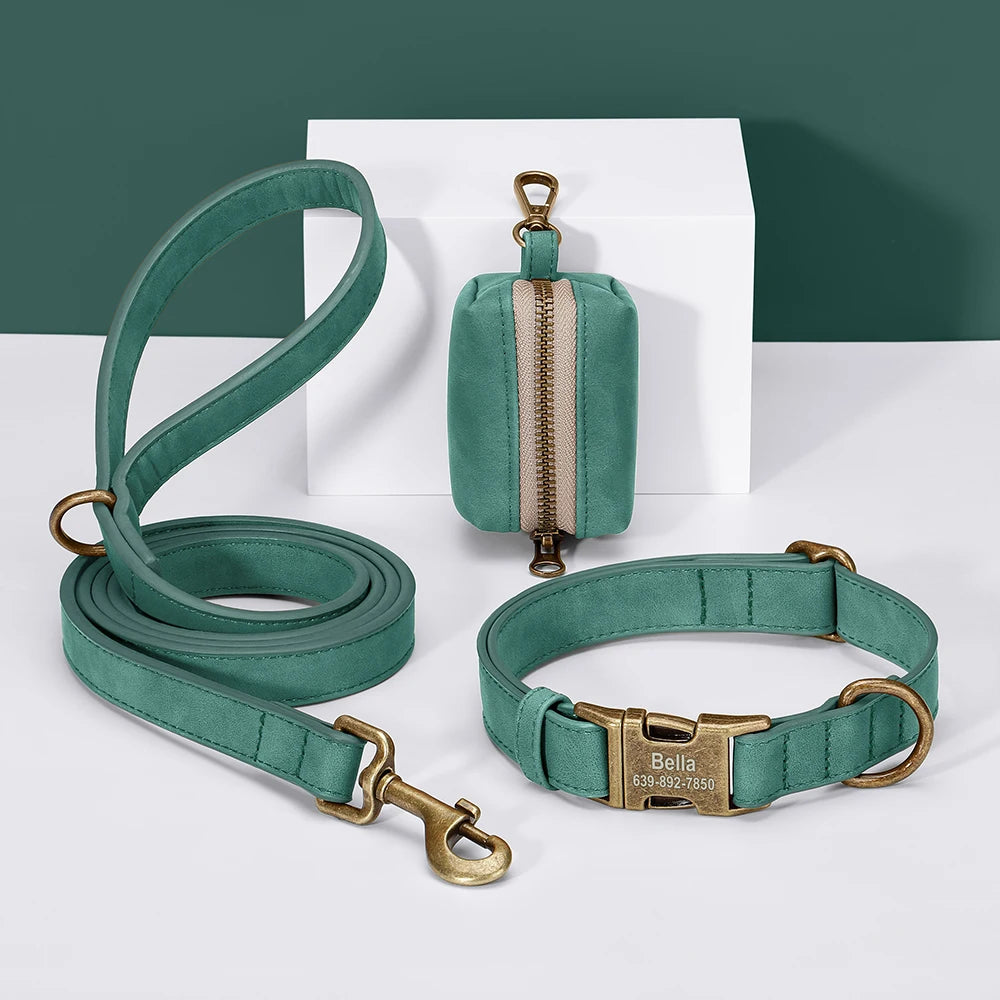 Custom Dog Collar Leash Bag Set Personalized PU Leather Dog Collars