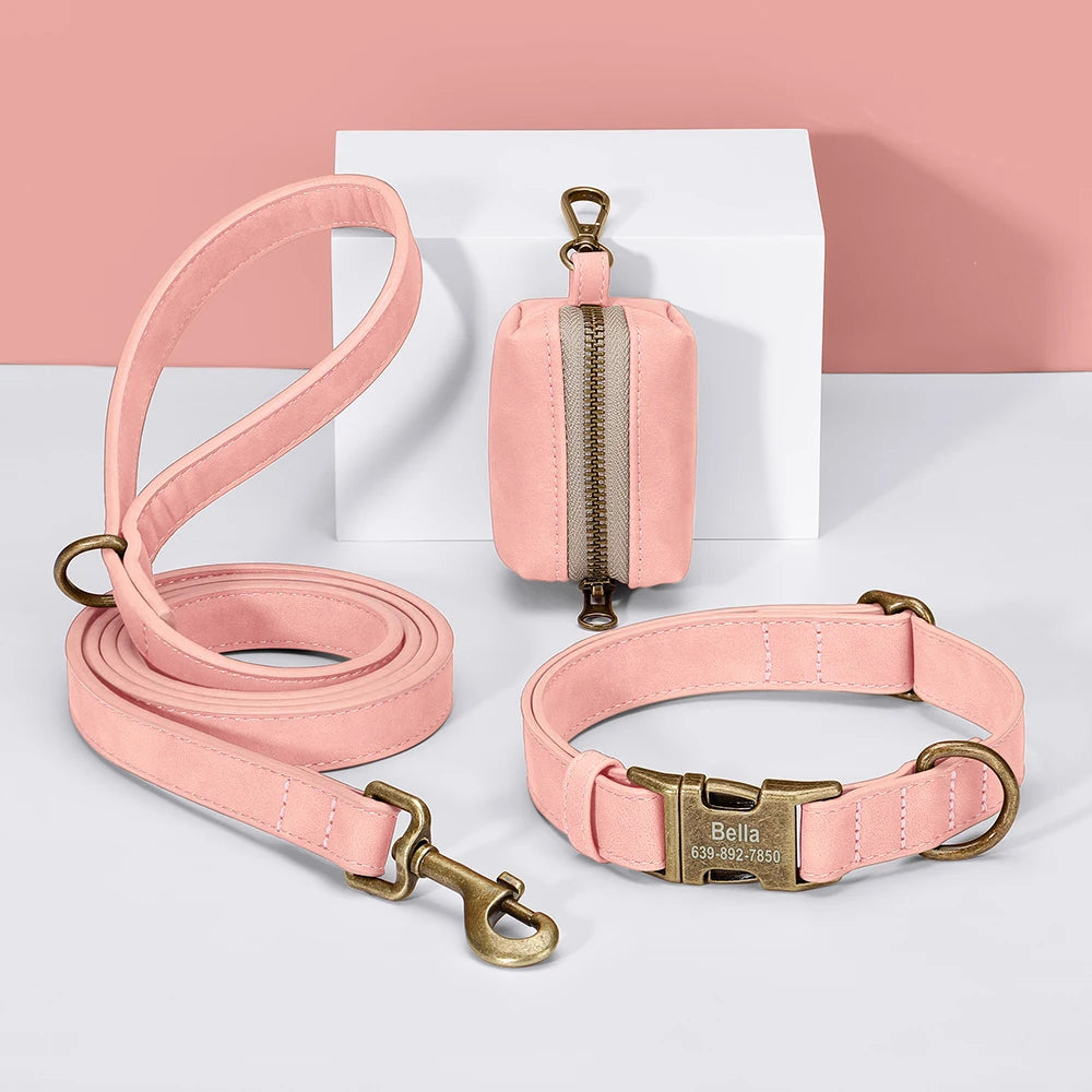 Custom Dog Collar Leash Bag Set Personalized PU Leather Dog Collars
