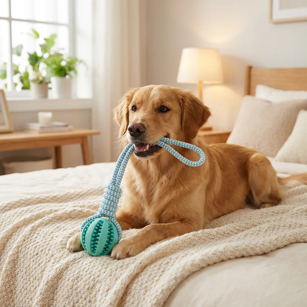 Cotton Rope & Rubber Dog Chew Ball, Treat Dispenser Toy Durable for Boredom
