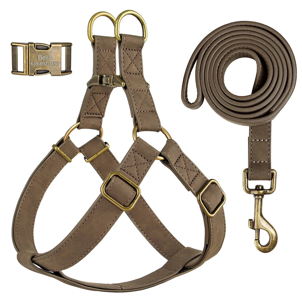 Custom PU Leather Harness And Leash Engraved Dog ID Buckle Harnesses Vest