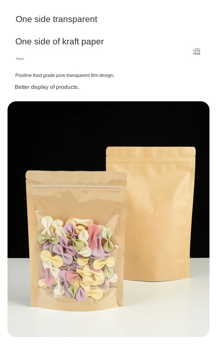 100 Kraft paper sealed pocket Stand up Zip lock Kraft Paper Window Bag Food