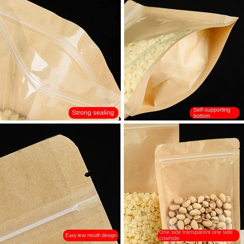 100 Kraft paper sealed pocket Stand up Zip lock Kraft Paper Window Bag Food