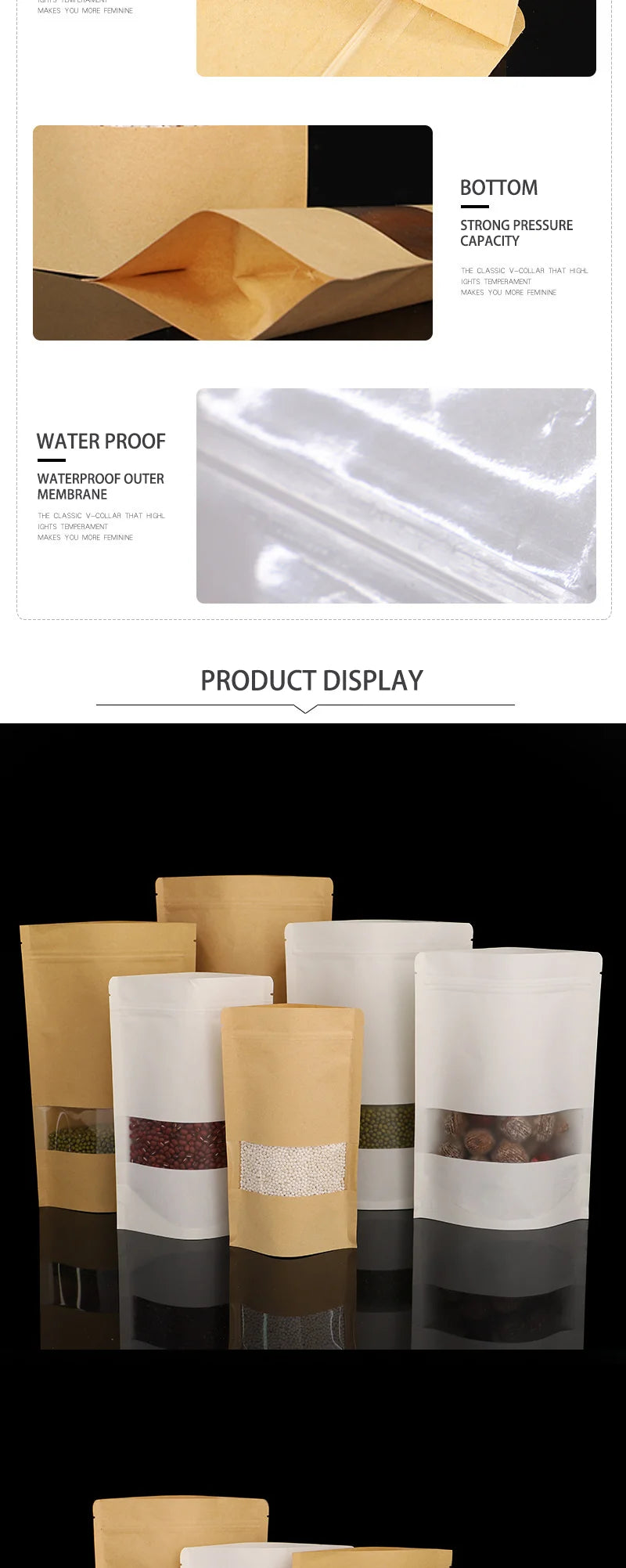 50/100pcs kraft paper zipper lock window bag brown re-sealable coffee bean pkg