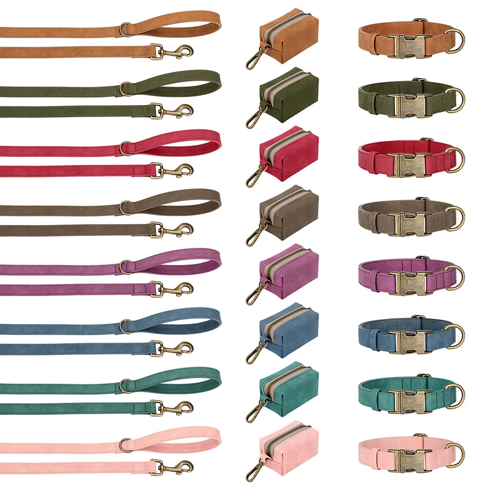 Custom Dog Collar Leash Bag Set Personalized PU Leather Dog Collars