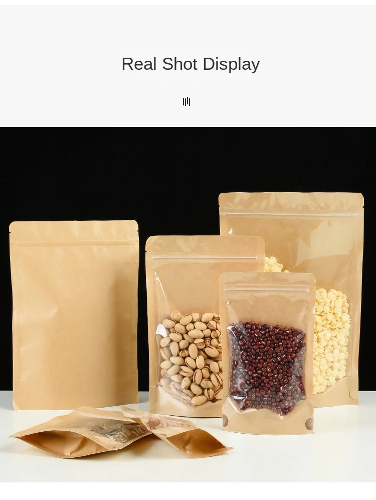 100 Kraft paper sealed pocket Stand up Zip lock Kraft Paper Window Bag Food