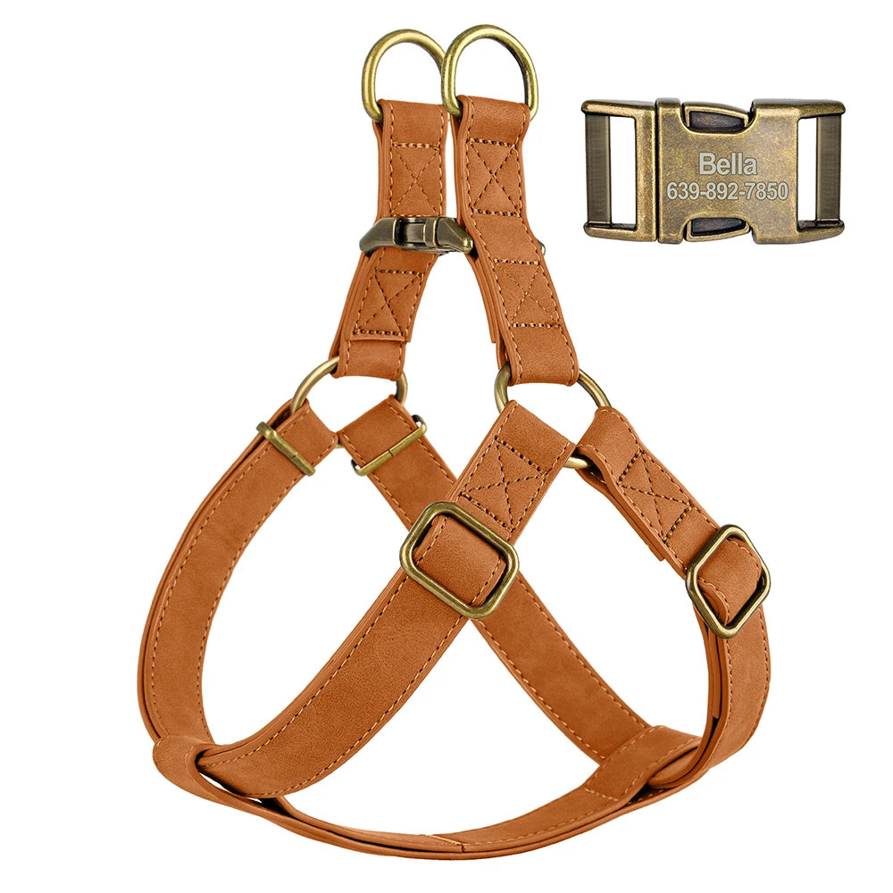 Custom PU Leather Harness And Leash Engraved Dog ID Buckle Harnesses Vest