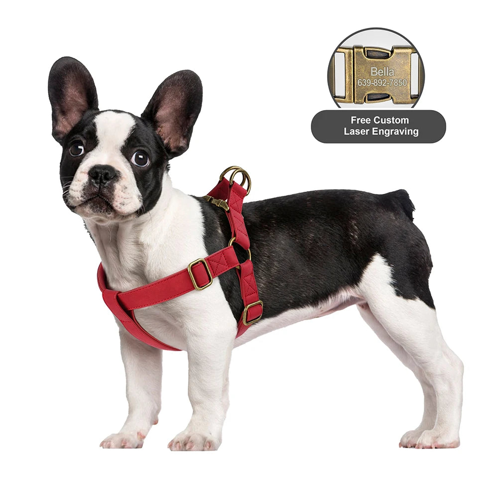 Custom PU Leather Harness And Leash Engraved Dog ID Buckle Harnesses Vest