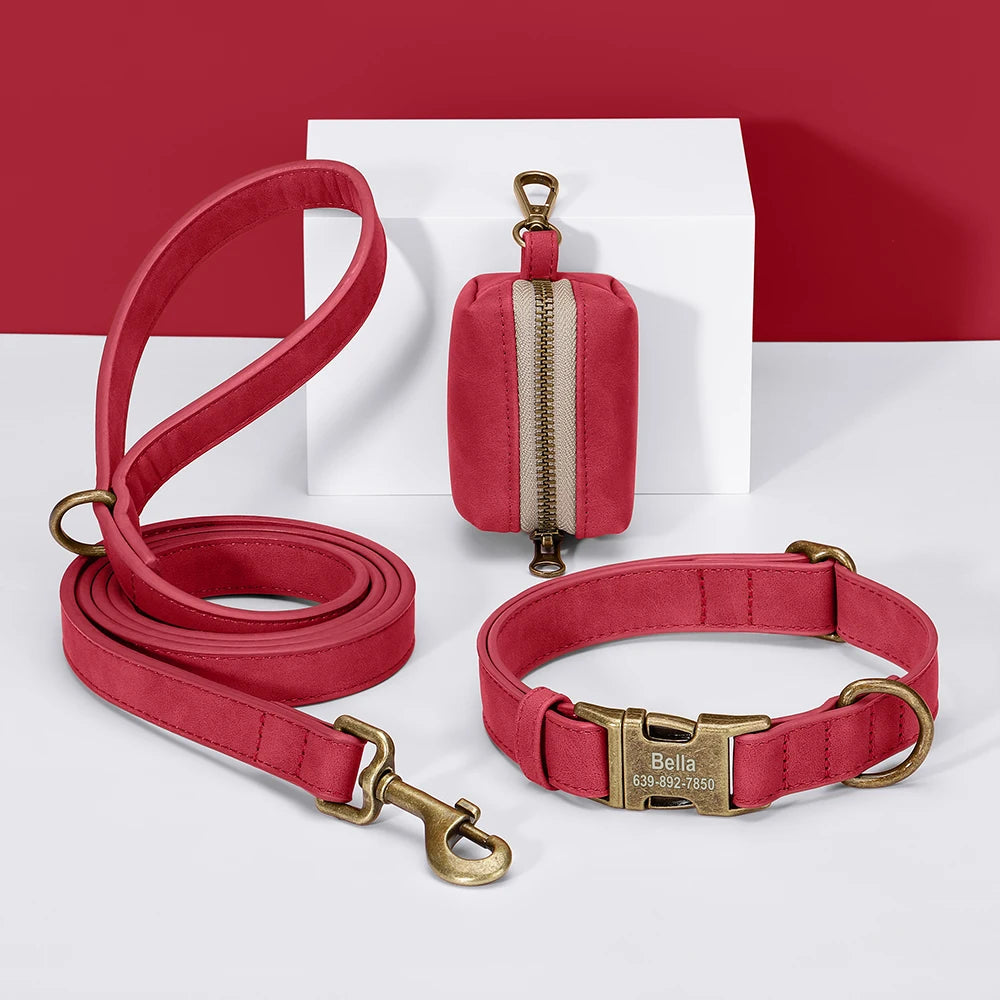 Custom Dog Collar Leash Bag Set Personalized PU Leather Dog Collars