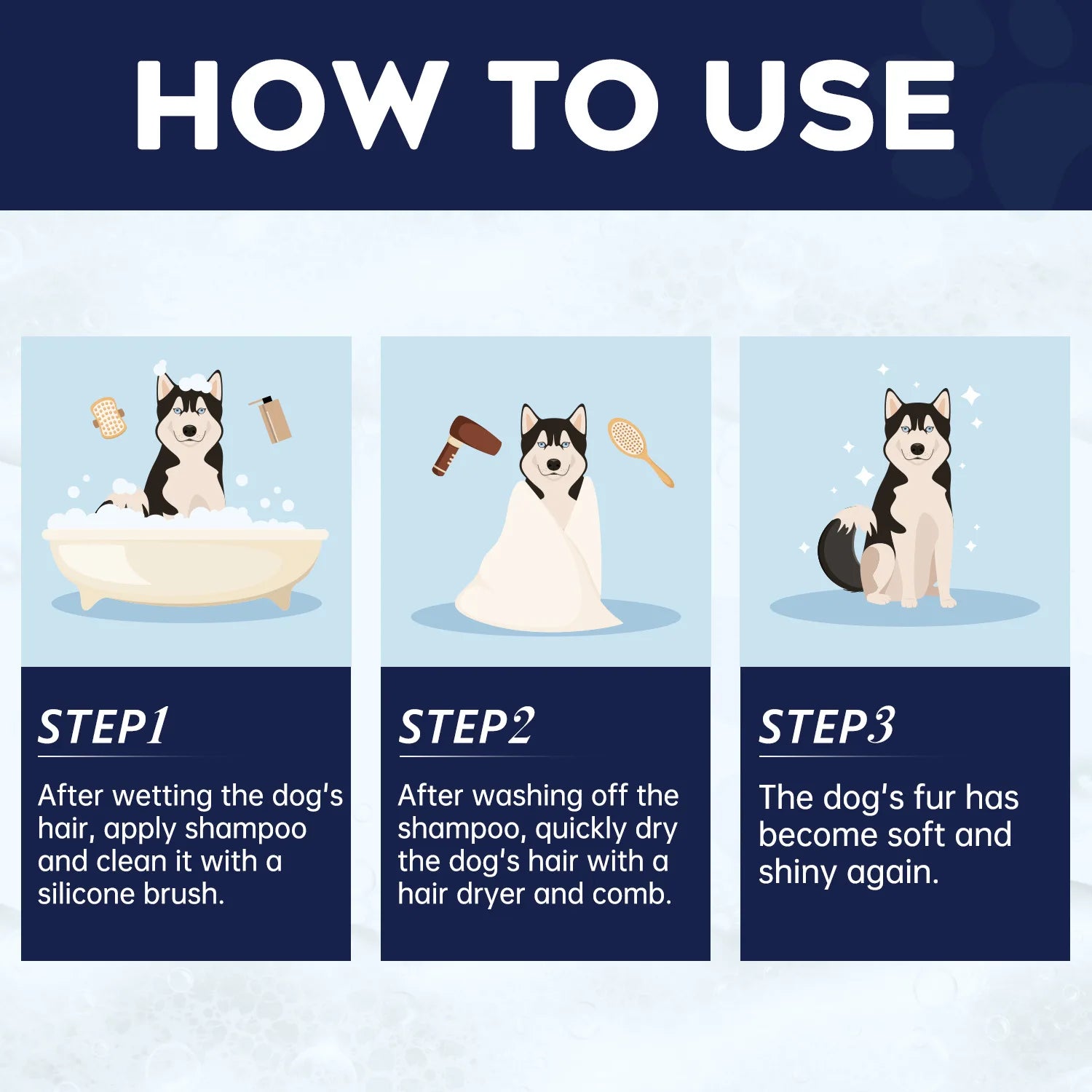 Pet skin and hair shampoo, care for skin health. Pet shampoo, cat and dog