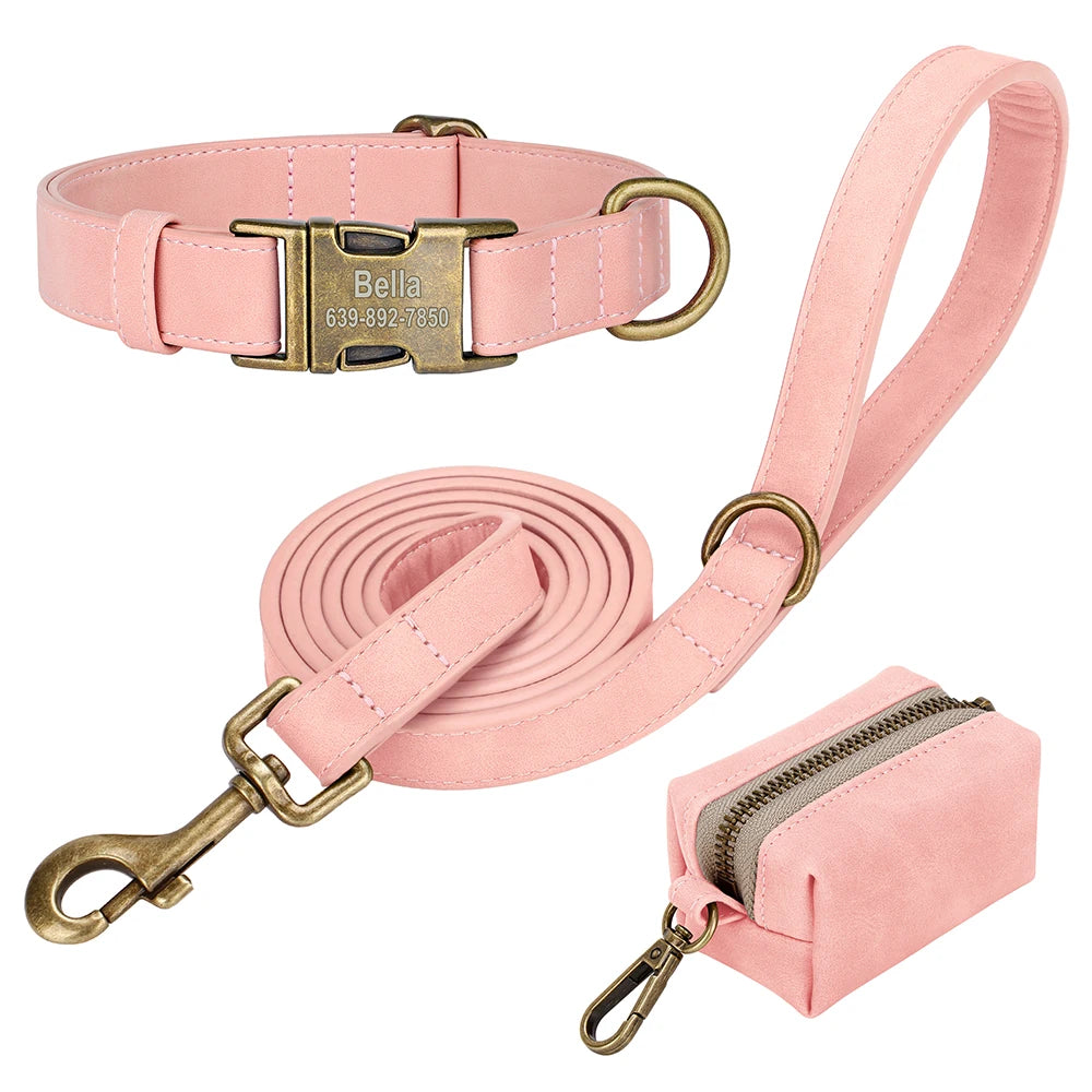 Custom Dog Collar Leash Bag Set Personalized PU Leather Dog Collars