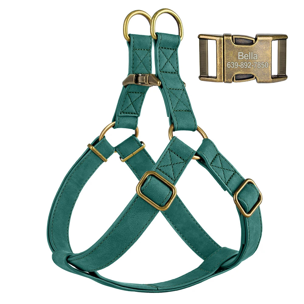Custom PU Leather Harness And Leash Engraved Dog ID Buckle Harnesses Vest