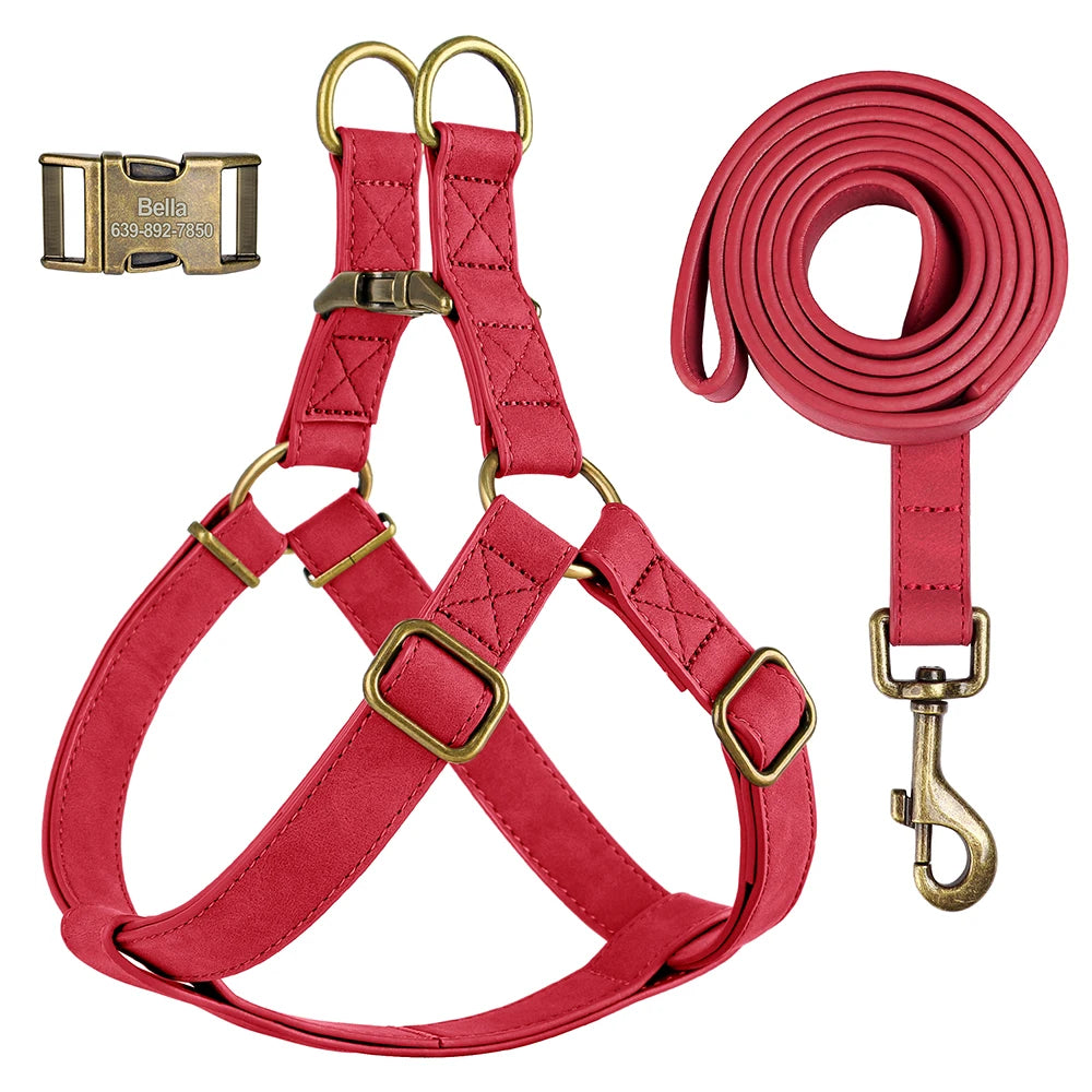 Custom PU Leather Harness And Leash Engraved Dog ID Buckle Harnesses Vest