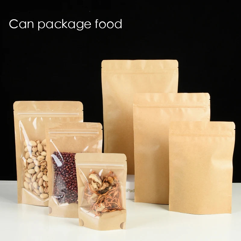 100 Kraft paper sealed pocket Stand up Zip lock Kraft Paper Window Bag Food